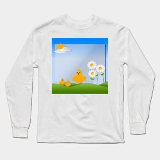 Birds with hills, sun, clouds depicting a scene of Spring season Long Sleeve T-Shirt